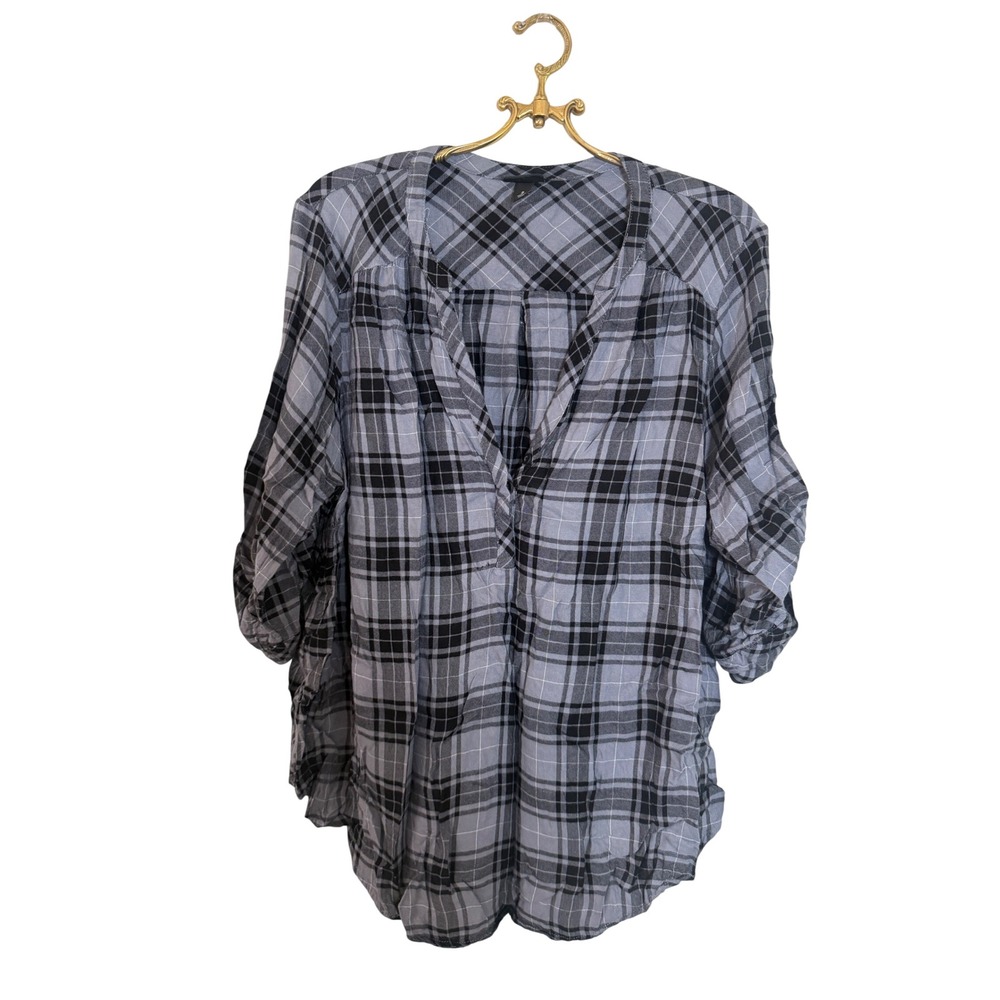 Torrid Blue Black Plaid Rayon V-Neck Tunic Blouse Plus Size 2 2X 3/4 Sleeve